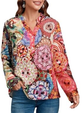 EMERY ROSE Bohemian Mosaic Print Blouse Multicolor Long Sleeve V-Neck Top Size L